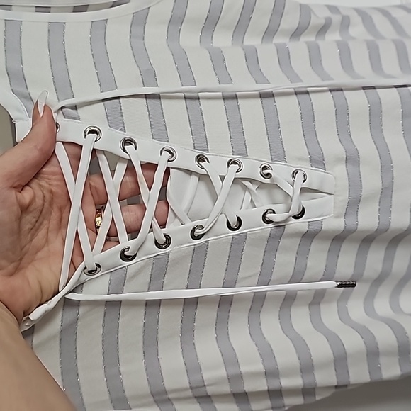 White House Black Market Lace up Sleeveless Top with stripes - Picture 3 of 6